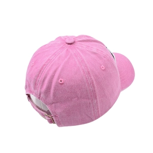 Pink washed cotton baseball cap back view with adjustable metal buckle and retro texture