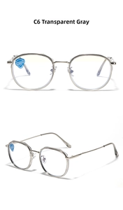 Detail view of round TR90 eyeglasses in transparent grey with UV400 blue light filter