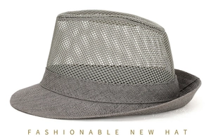 Side view of grey mesh breathable fedora hat with woven brim for sun protection