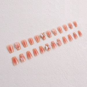 Rosa Ombré Coffin-Nägel zum Aufkleben mit 3D-Schmetterlingen, Rosen und Perlen