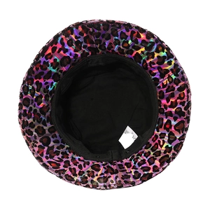 Colorful laser leopard print bucket hat with metallic texture and black fabric lining