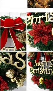 Detailed view of Christmas wreath featuring red velvet bows and gold Merry Christmas plate