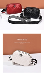 Three quilted round crossbody bags in red, black, and white with wide woven straps