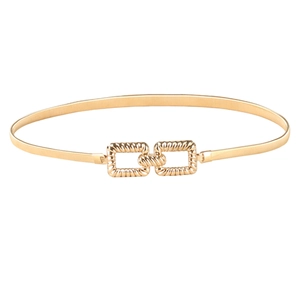 Elastic gold metal waist belt for women with interlocking textured rectangle buckle
