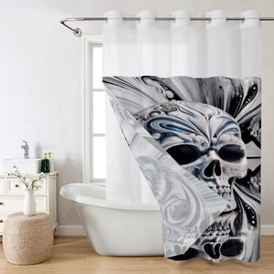 Detail of waterproof polyester shower curtain with abstract artistic skull pattern print