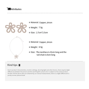 Detailed product specs of hollow zircon flower jewelry set with necklace and earrings