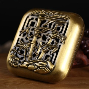 Detailed close-up of antique bronze square incense burner with bamboo relief carvings