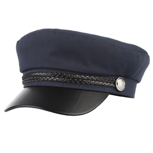 Retro navy baker boy hat with dark blue fabric and black leather brim for women