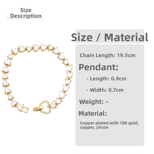 Detailed size and material specs for heart zircon bracelet in 18K gold plated copper
