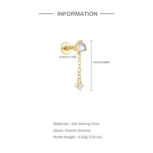 Detailed size chart showing 3mm zirconia stone and 1.6cm length for s925 silver stud