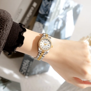 Close-up of two-tone stainless steel watch with crystal markers and date magnifier
