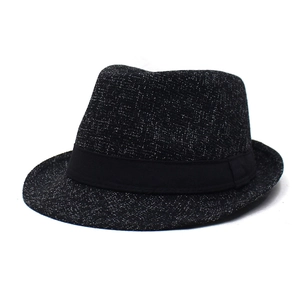 Classic black trilby hat with silver speckled texture and a wide black ribbon band