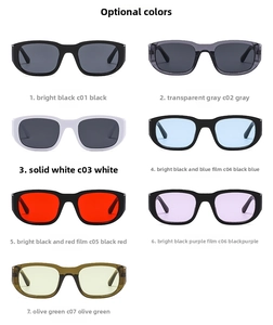 Collection of retro narrow rectangular sunglasses in seven colors on white background