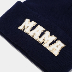 Navy blue knitted MAMA beanie with embroidered letters for winter warmth and comfort