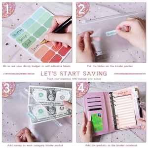 Pink A6 budget binder set with zipper envelopes and cash tracking sheets for saving money