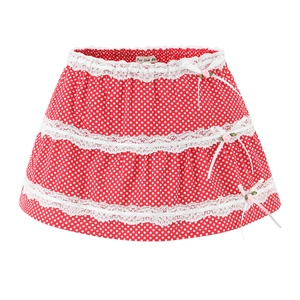 Women's red polka dot skirt set with white lace ruffles and bow details