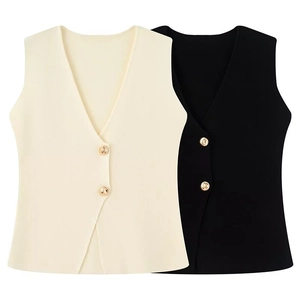 Slim fit V-neck knitted vests in black and cream with decorative gold buttons