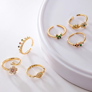 Adjustable Copper Rings For Women Gold Plated Cubic Zirconia Flower Geometric Crown Fashion Jewelry