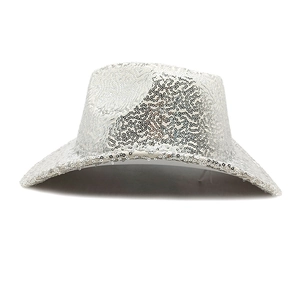 Detailed view of silver sequin western cowboy hat with reflective glitter embellishments