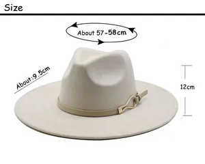 Size chart showing beige faux suede fedora with 9.5cm brim and 57-58cm head circumference
