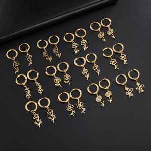 Birth Flower Hoop Earrings 304 Stainless Steel Hollow Floral Pendant Jewelry For Women Simple Fresh Style