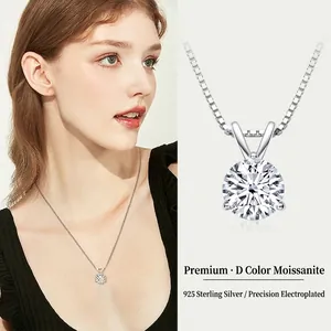Classic Round Cut Moissanite Pendant Necklace 925 Sterling Silver Three Prong Setting D Color Stone Box Chain Women