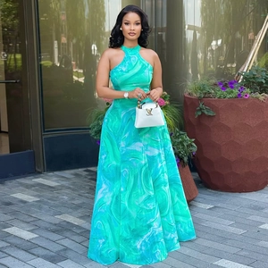 Elegant sleeveless halter neck maxi dress with lake green marble print and A-line silhouette