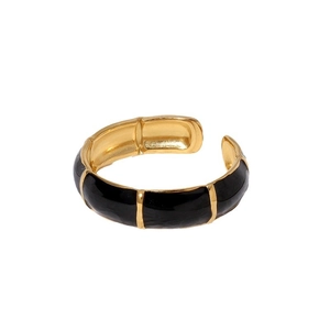 Minimalist gold-plated stainless steel open ring with black enamel bamboo joint design