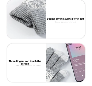 Close-up of grey snowflake gloves showing double-layered warm cuffs and touch screen tips