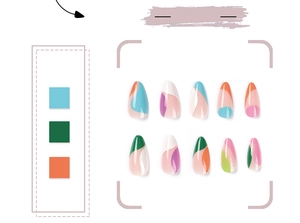 Detailed set of 10 almond press-on nails with colorful abstract geometric color blocks