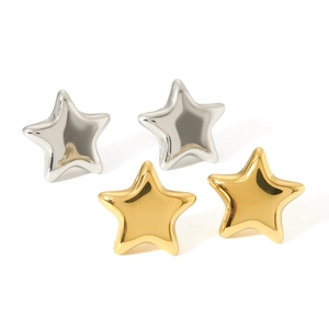 Detailed view of minimalist star earrings in polished gold and silver stainless steel