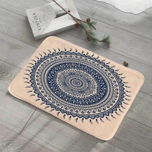 Rectangle flannel floor mat with blue mandala pattern on grey wood floor background