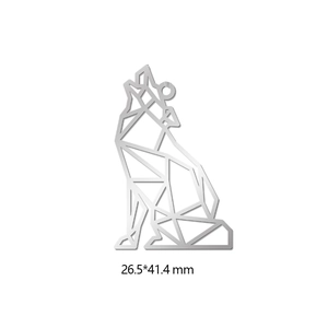 Detailed view of geometric wolf pendant in silver metal with size 26.5x41.4mm