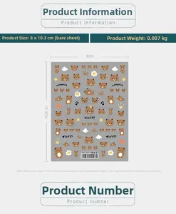 Detail of 5D cute bear nail art stickers with stars and hearts on a 8x10.3cm sheet