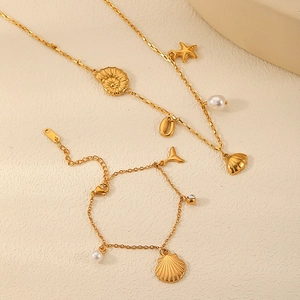 Stainless Steel Ocean Necklace Starfish Conch Shell Fish Tail With Imitation Artificial Pearl Zircon For Women Summer Beach Jewelry