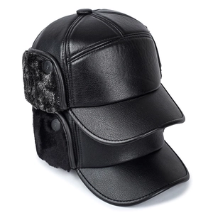 Winter faux leather trapper hat for men with warm black fur lining and ear flaps