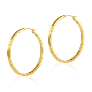 Polished 18K gold plated brass hoop earrings with flat minimalist design and mirror reflection