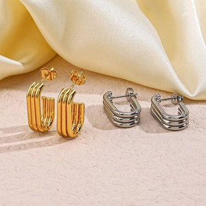 Geometric U-Shaped Earrings Stainless Steel 18K Gold Plated Triple Layer Parallel Line Polished Modern Style For Women