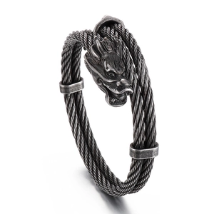 Punk dragon head bracelet with 8mm twisted steel cable design in vintage finish