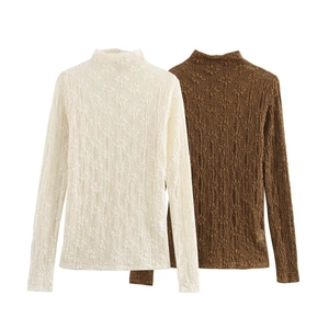 Women Crochet Lace Blouse Mock Neck Hollow Out Knit Long Sleeve Top Elegant Casual Chic
