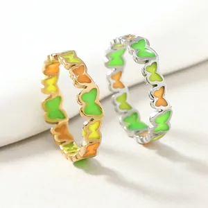 Stainless Steel Butterfly Ring Colorful Enamel Luminous Hollow Finger Band Jewelry For Women Sweet Trendy Accessory