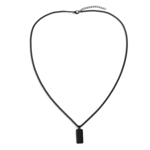 Men's black alloy military tag pendant necklace with long chain on white background