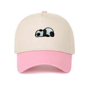 Detailed embroidery of a panda on a pink and white two-tone cotton baseball cap
