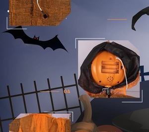 Detail of Halloween pumpkin prop showing internal battery compartment and orange mesh fabric
