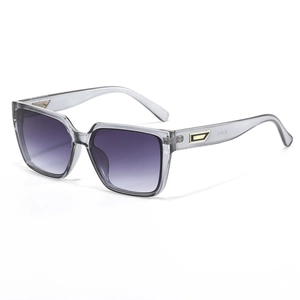 Flat square oversized sunglasses with grey transparent frame and gradient purple lenses