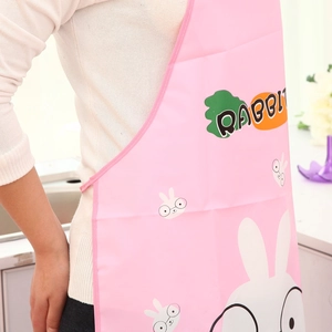 Pink waterproof apron with cute cartoon rabbit print for kitchen use and cleaning
