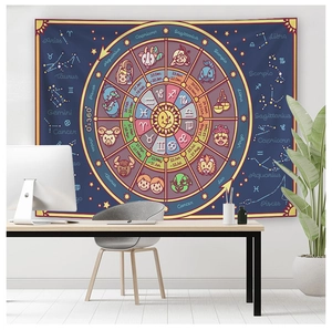 Close-up of a colorful zodiac tapestry with 12 astrological signs in a cozy home setting