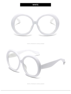 Front and side perspective of white oversized round frame sunglasses with thick edges