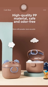Macro detail of bear-shaped milk powder box made of safe PP material with scoop