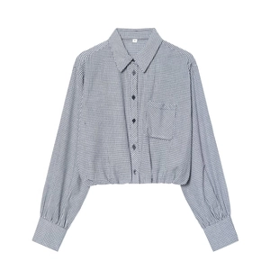 Blue and white plaid long sleeve button-up shirt with chest pocket on white background